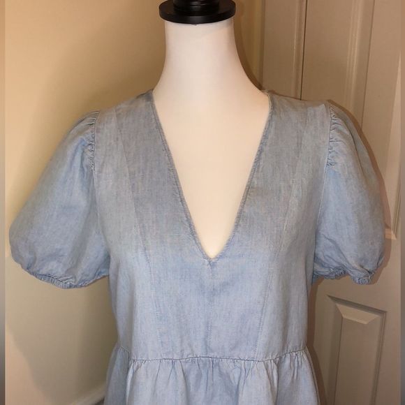 ZARA Blue V-Neck Short Puff Sleeve Babydoll Dress w Tiered Skirt Sz MD - Picture 4 of 16